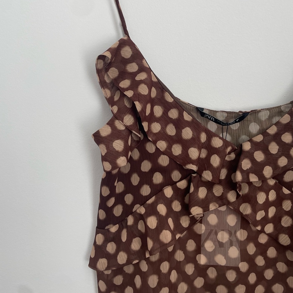 Zara - Flowy Polka Dot Print Ruffle Cami Tank Top Size XL Brown and Cream - Picture 7 of 12